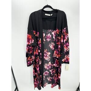 Sejour Black Floral Open Front Cardigan Long Line Women 2X NWT Feminine
